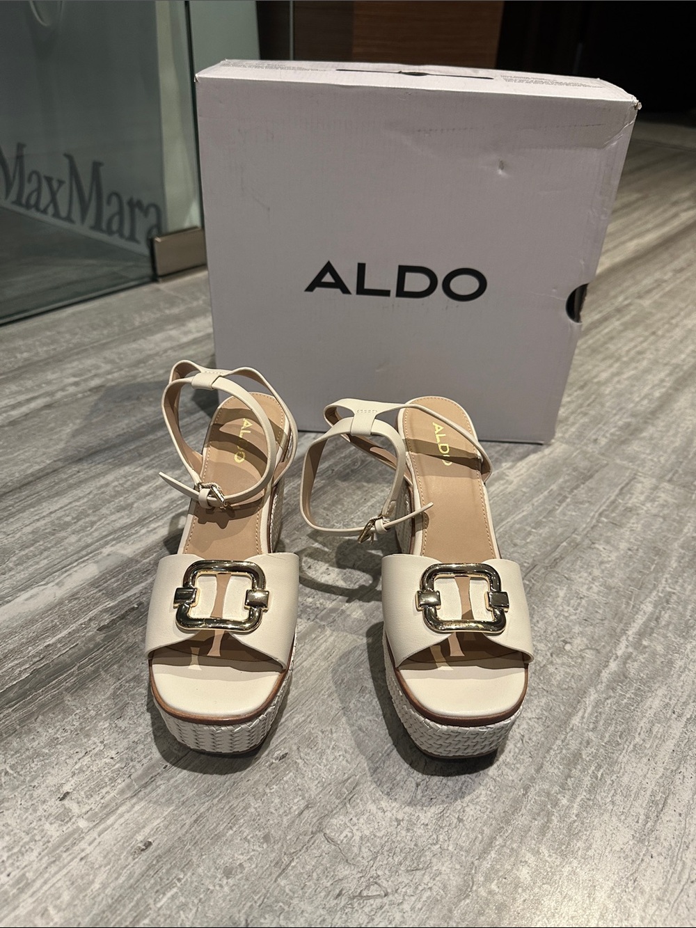 ALDO Cream Platform Ankle-Strap Sandals with Decorative Buckle
